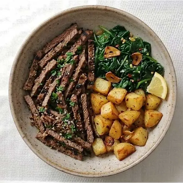 Grilled Beef strips with Roasted Potato & Wilted Spinach